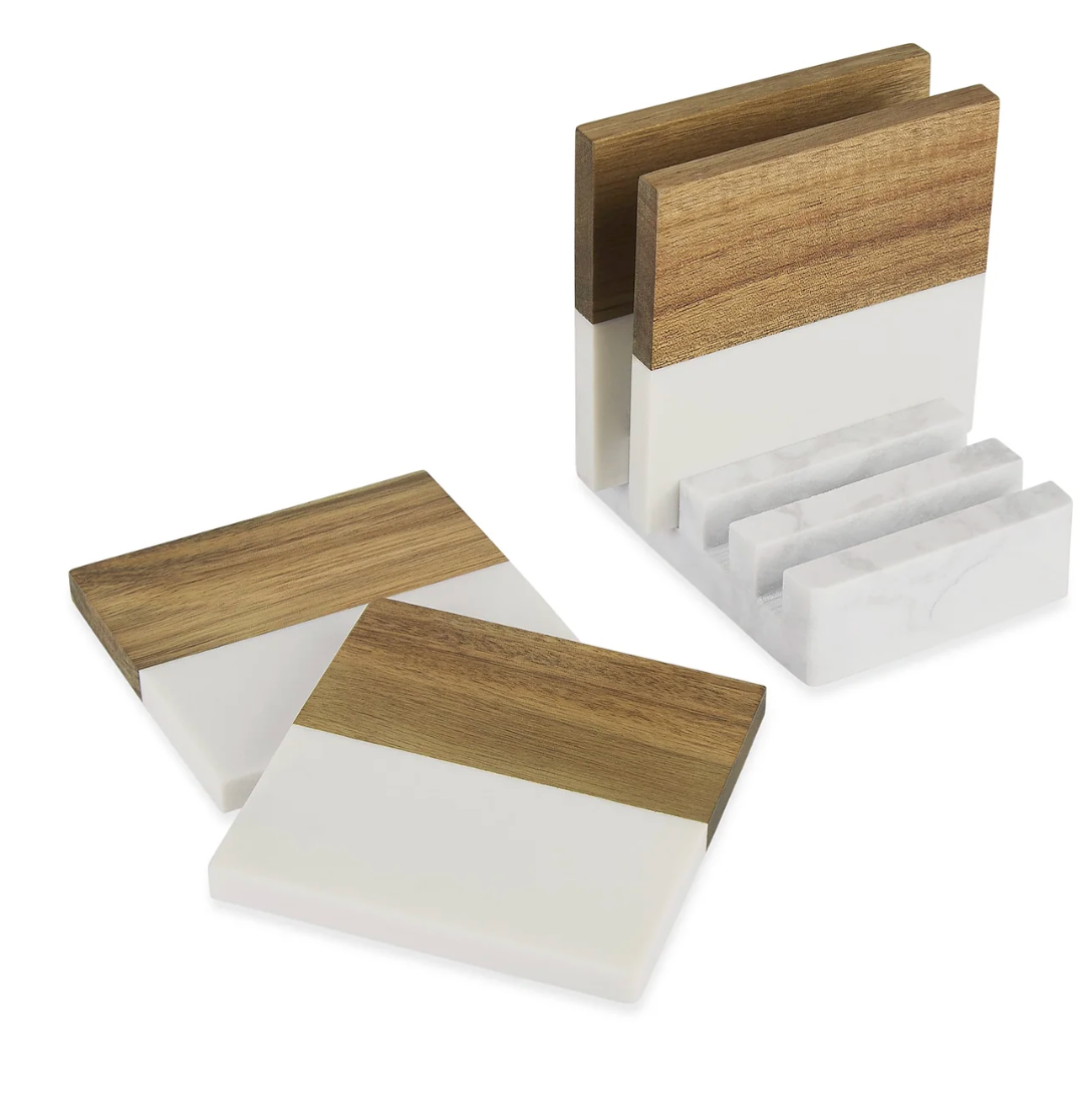 Personalized Marble & Wood Coaster Set – 4 Coasters with Stand